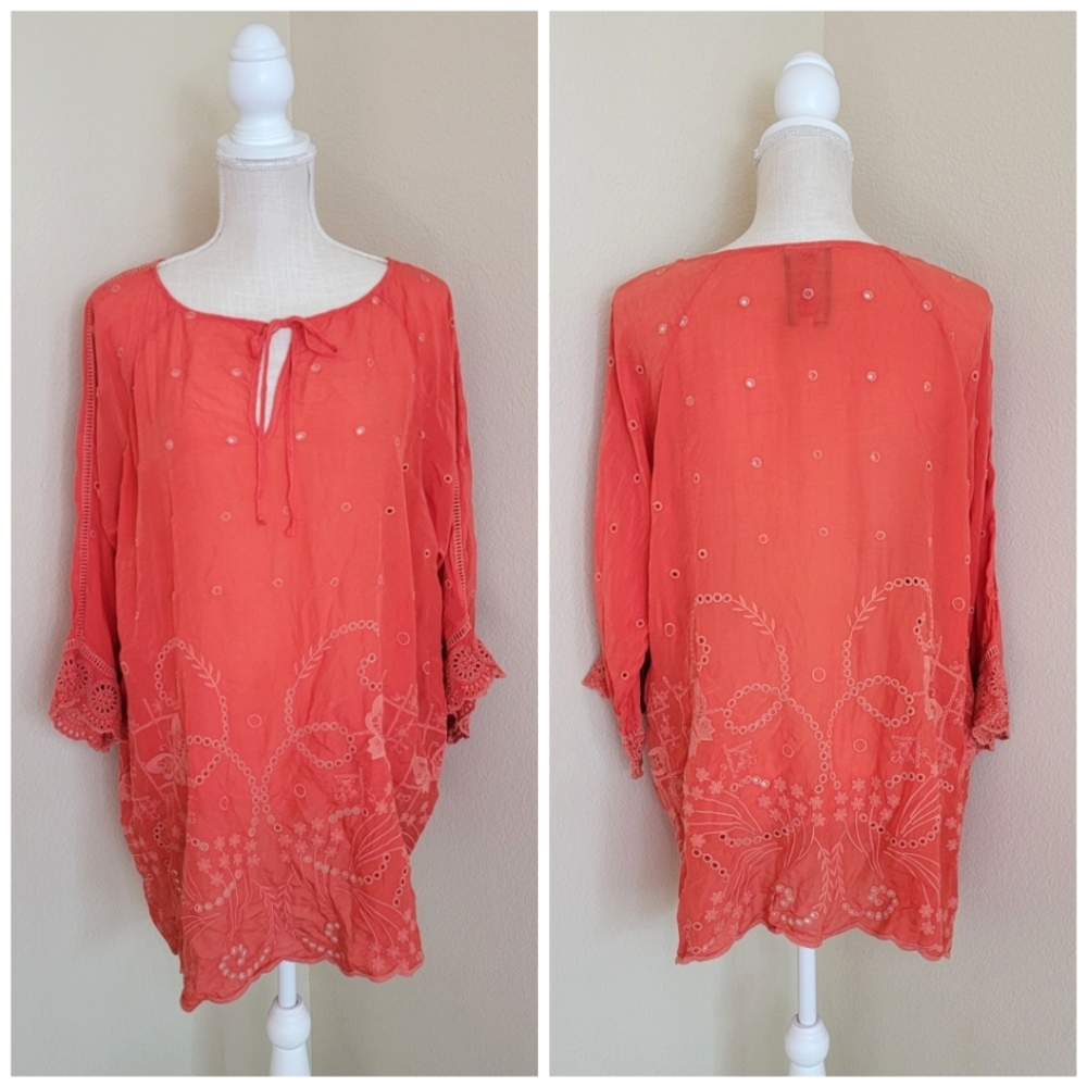 Johnny Was coral eyelet tunic top